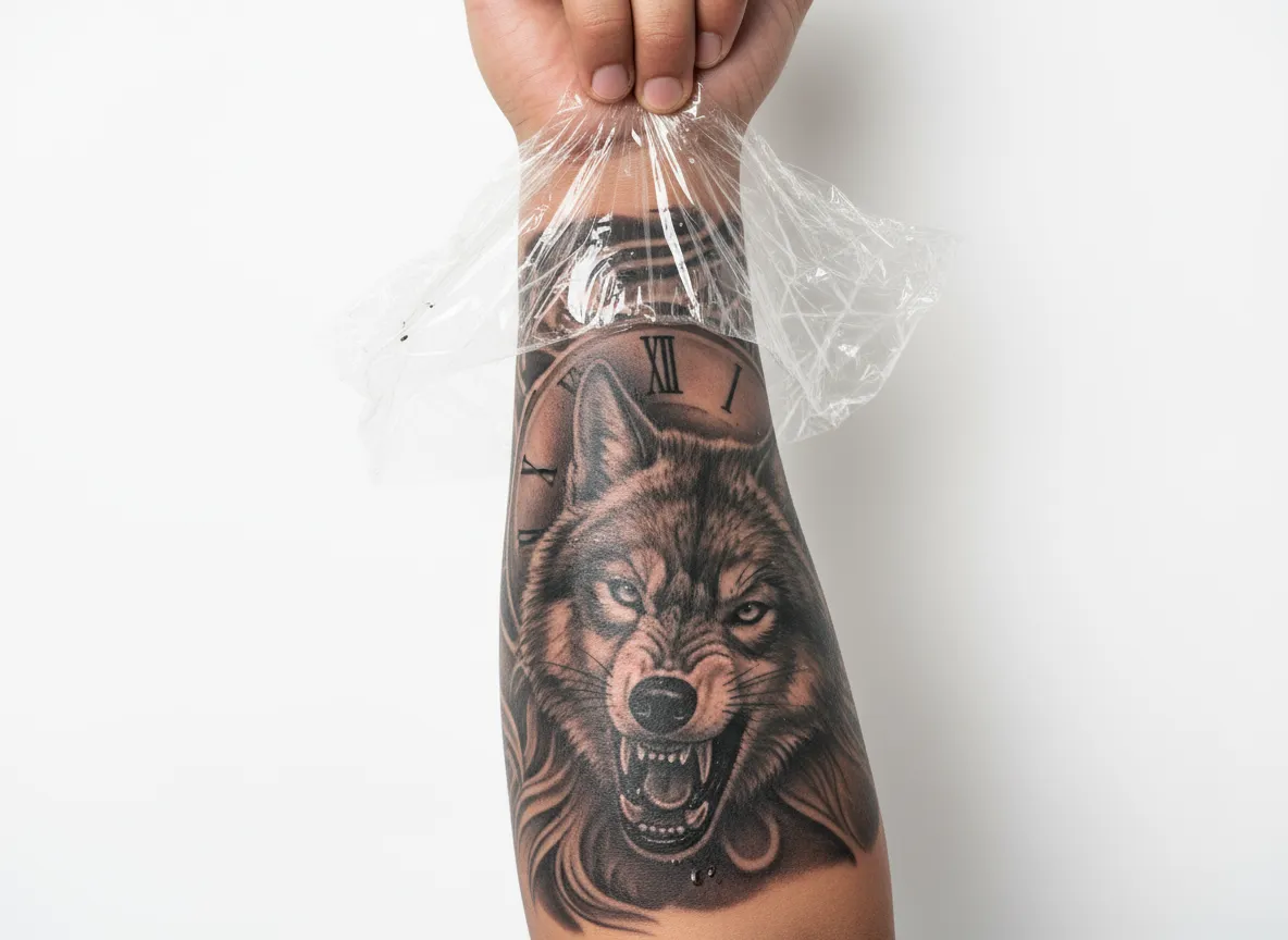 Removing bandage from fresh tattoo — tattoo aftercare step one