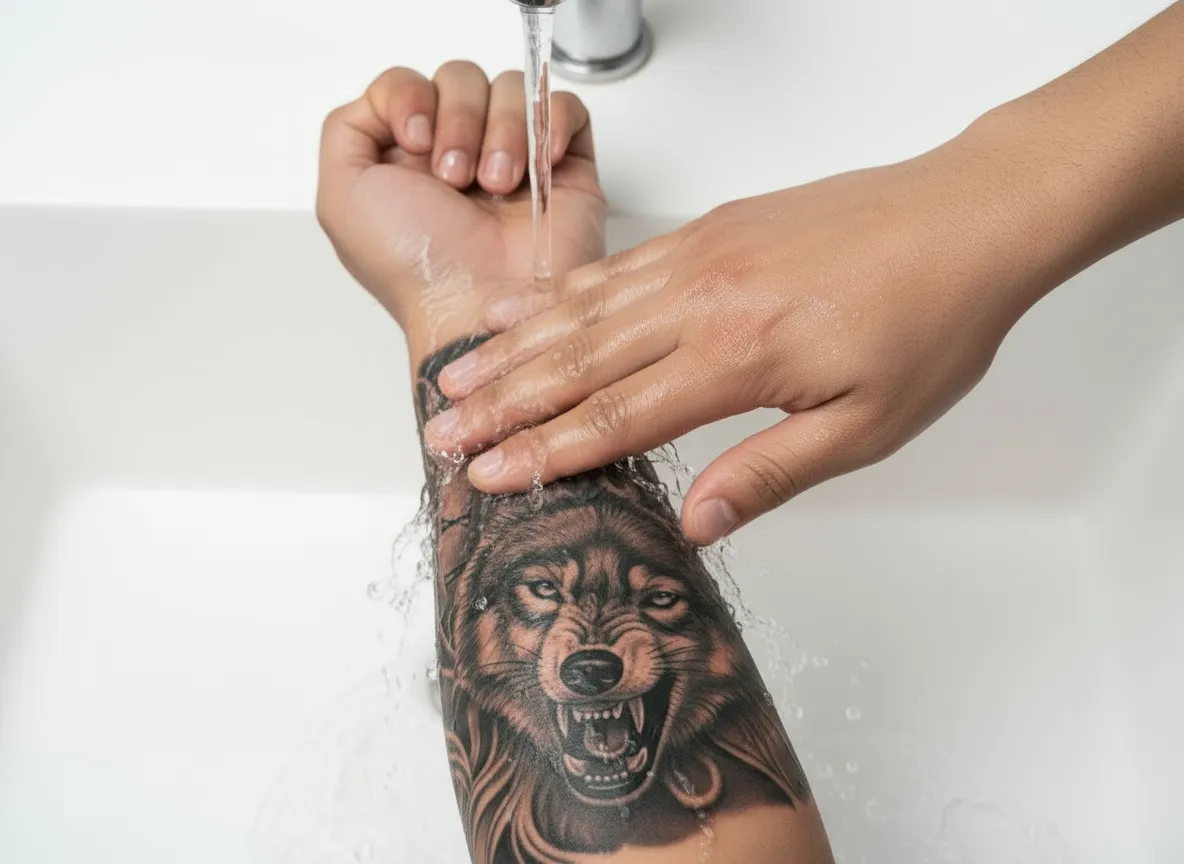 Rinsing tattoo with lukewarm water after cleansing — tattoo aftercare