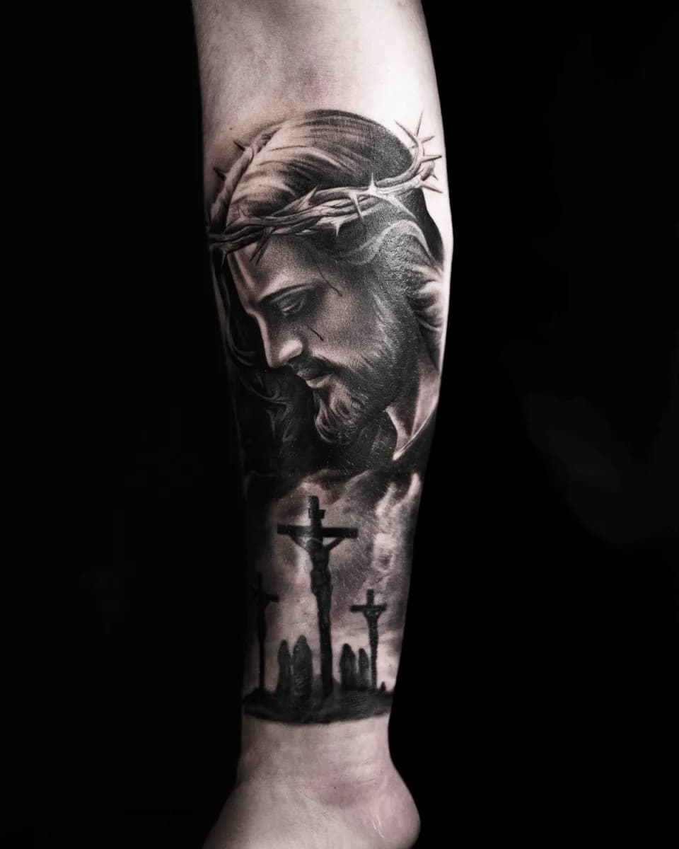 Realism Jesus Christ forearm tattoo by Andrew Fernandez at Studio AZ Tattoo Minneapolis