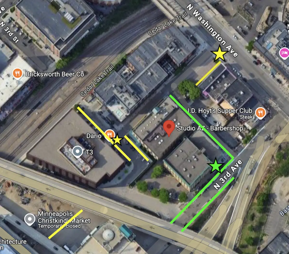 Parking map showing building parking (yellow) and city parking (green) zones near Studio AZ Tattoo in Minneapolis North Loop