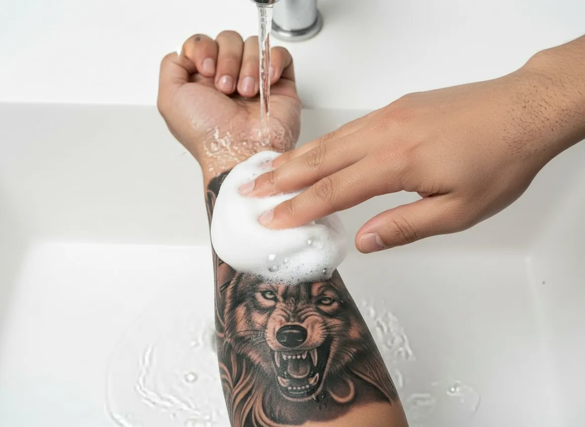 Gently cleansing a new tattoo with foam cleanser — tattoo aftercare routine