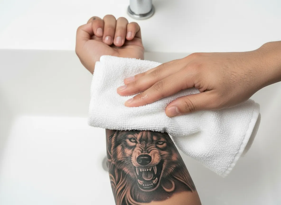 Patting tattoo dry with clean towel — tattoo aftercare after washing