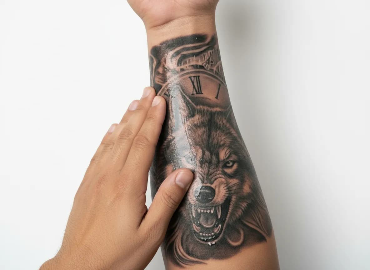 Massaging lotion into healing tattoo — tattoo aftercare daily hydration