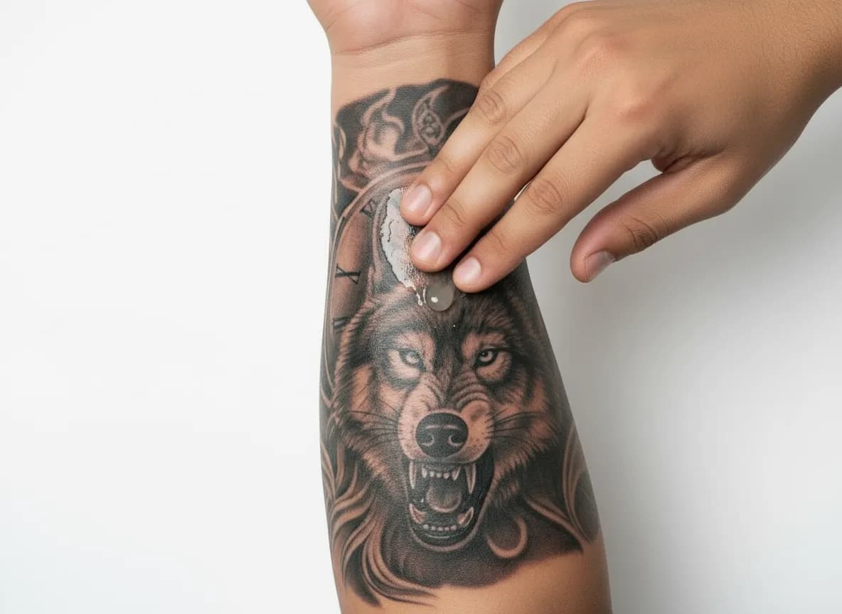 Applying A and D ointment to healing tattoo — tattoo aftercare protection step